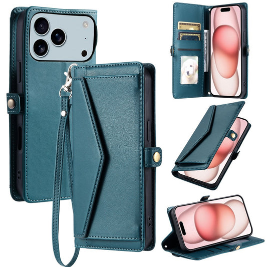 For iPhone 17 Pro Max Leather Case with Wrist Strap Wallet Stand Phone Cover - Blackish Green