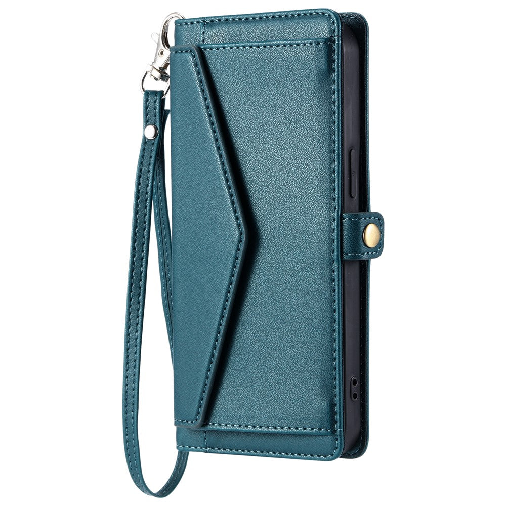 For iPhone 17 Pro Max Leather Case with Wrist Strap Wallet Stand Phone Cover - Blackish Green