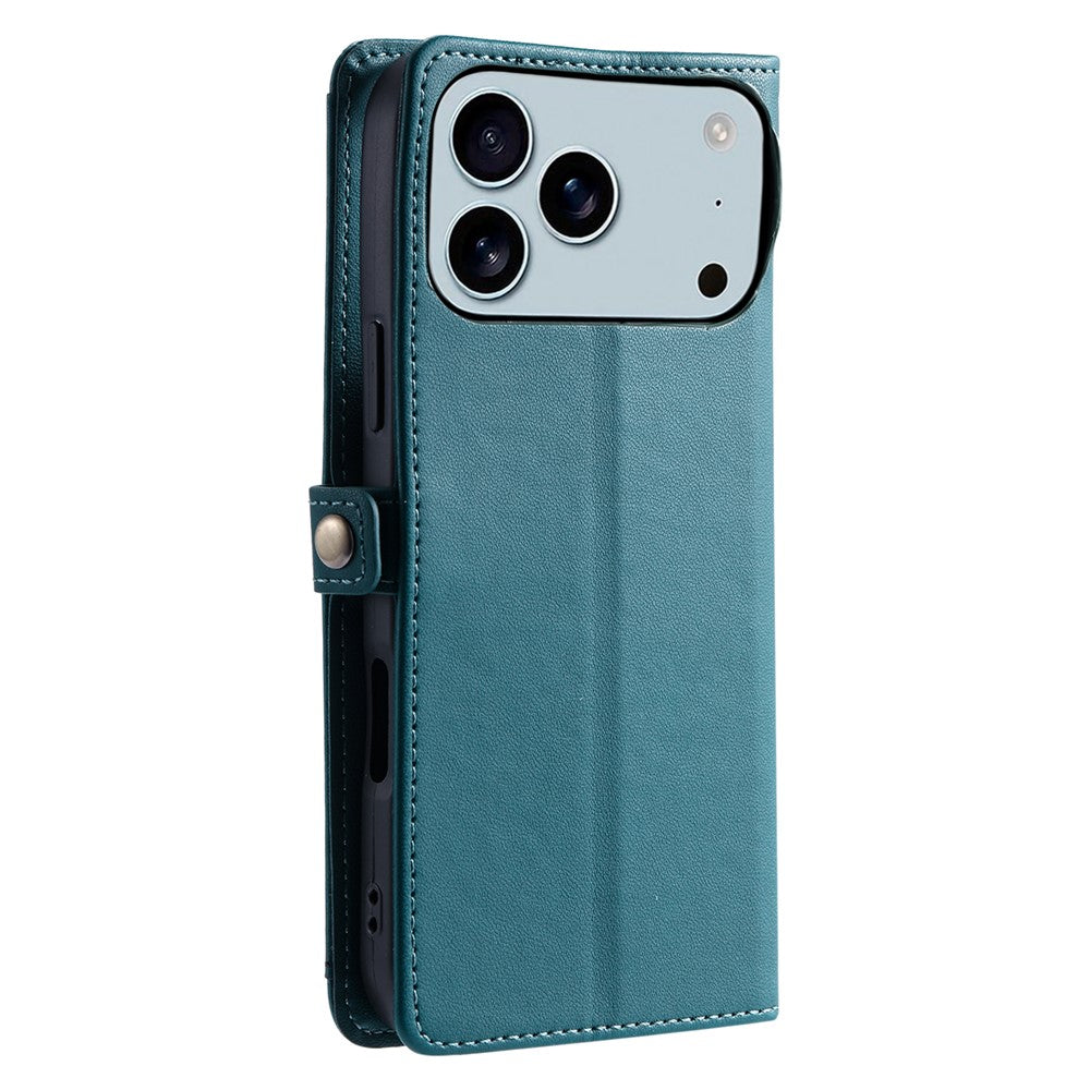For iPhone 17 Pro Max Leather Case with Wrist Strap Wallet Stand Phone Cover - Blackish Green