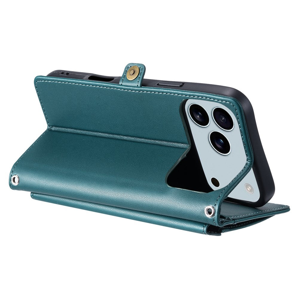 For iPhone 17 Pro Max Leather Case with Wrist Strap Wallet Stand Phone Cover - Blackish Green