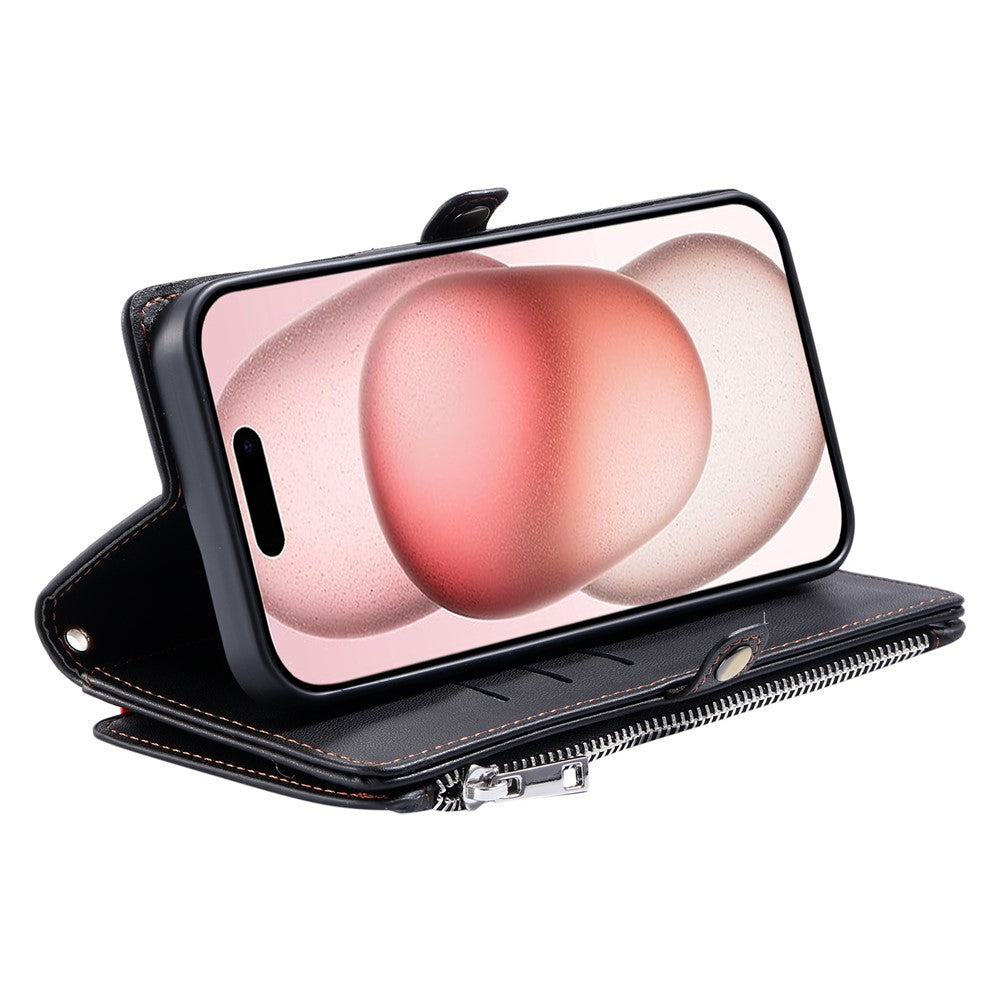 For iPhone 17 Pro Max Case TPU + PU Leather Wallet Phone Cover with Wrist Strap - Black