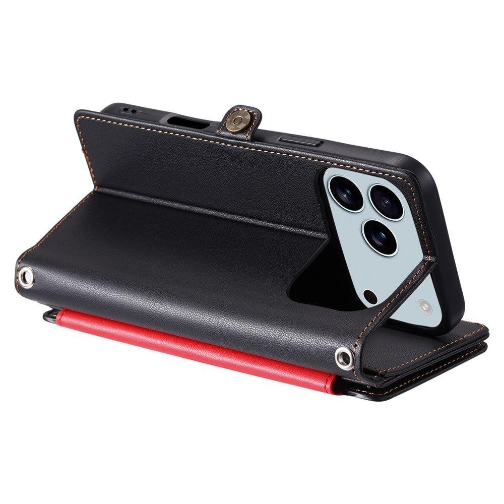 For iPhone 17 Pro Max Case TPU + PU Leather Wallet Phone Cover with Wrist Strap - Black