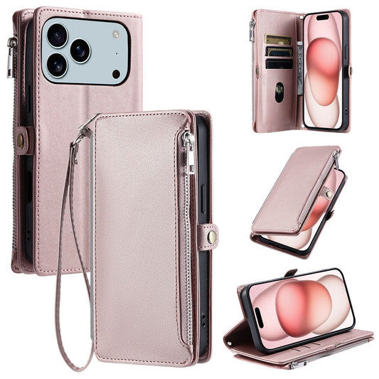 For iPhone 17 Pro Max Case TPU + PU Leather Wallet Phone Cover with Wrist Strap - Rose Gold