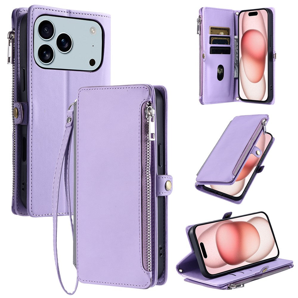 For iPhone 17 Pro Max Case TPU + PU Leather Wallet Phone Cover with Wrist Strap - Purple