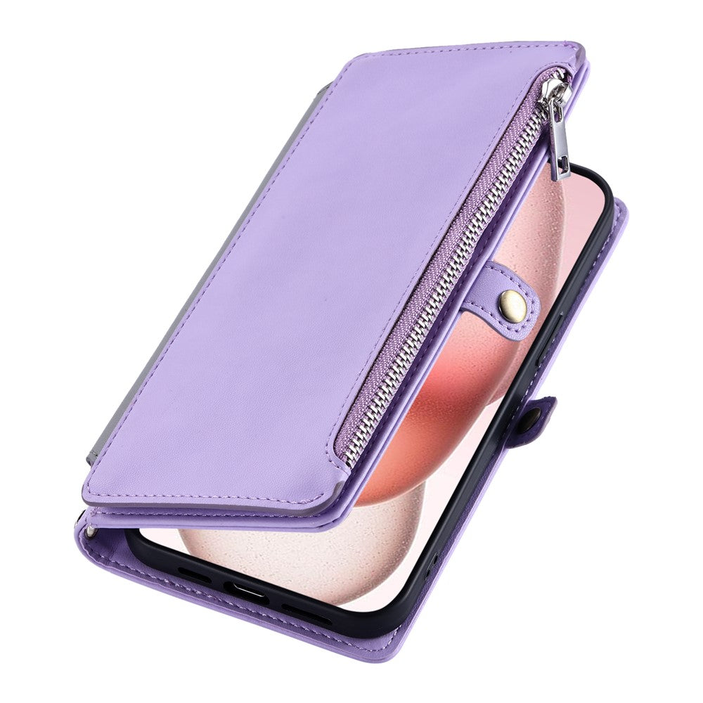For iPhone 17 Pro Max Case TPU + PU Leather Wallet Phone Cover with Wrist Strap - Purple