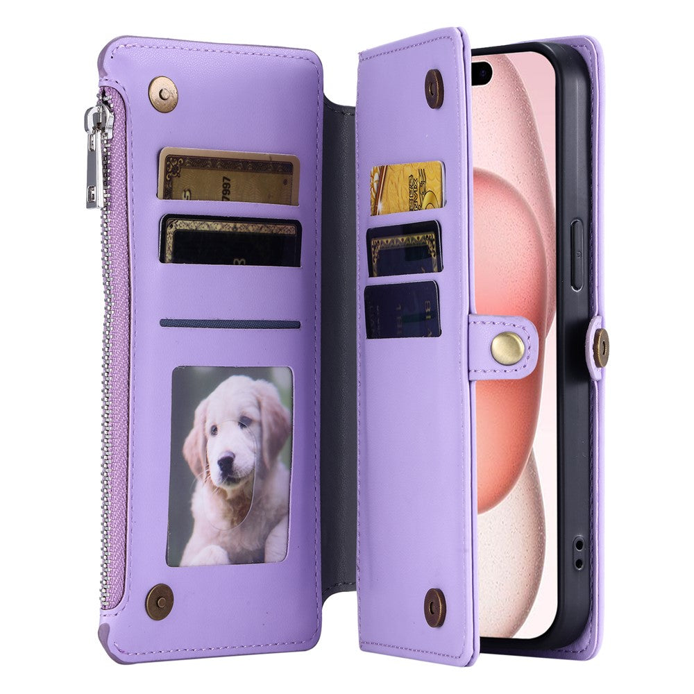 For iPhone 17 Pro Max Case TPU + PU Leather Wallet Phone Cover with Wrist Strap - Purple