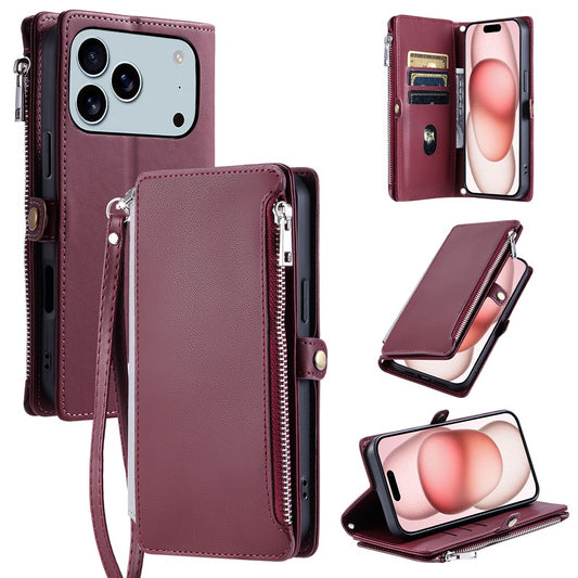 For iPhone 17 Pro Max Case TPU + PU Leather Wallet Phone Cover with Wrist Strap - Wine Red