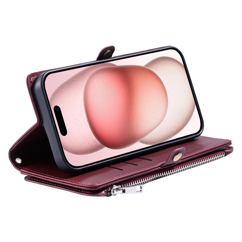 For iPhone 17 Pro Max Case TPU + PU Leather Wallet Phone Cover with Wrist Strap - Wine Red