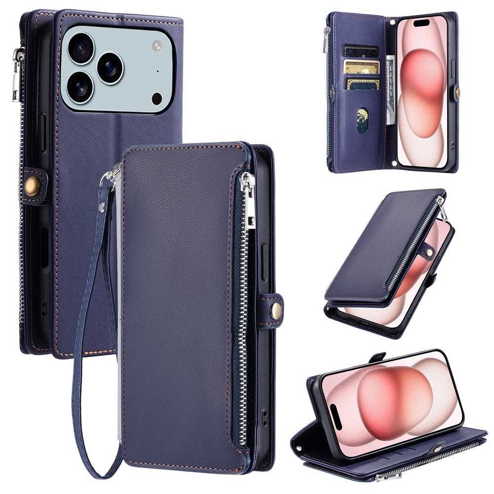For iPhone 17 Pro Max Case TPU + PU Leather Wallet Phone Cover with Wrist Strap - Blue