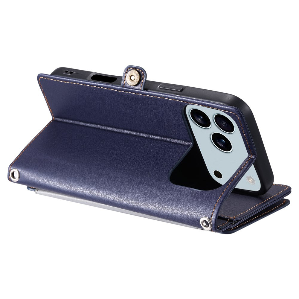 For iPhone 17 Pro Max Case TPU + PU Leather Wallet Phone Cover with Wrist Strap - Blue