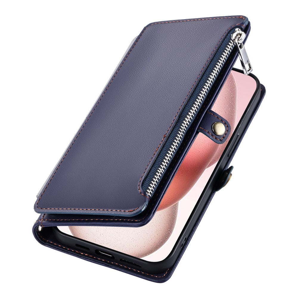 For iPhone 17 Pro Max Case TPU + PU Leather Wallet Phone Cover with Wrist Strap - Blue