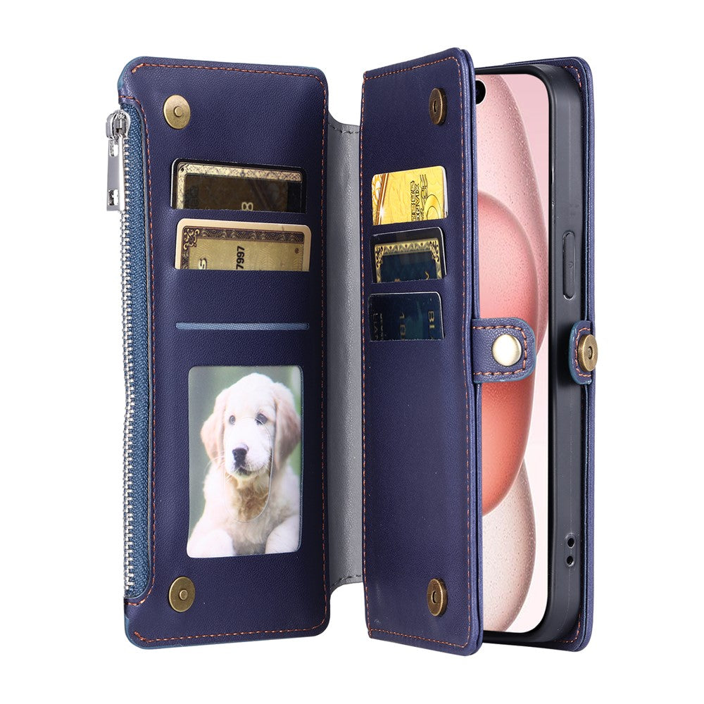 For iPhone 17 Pro Max Case TPU + PU Leather Wallet Phone Cover with Wrist Strap - Blue