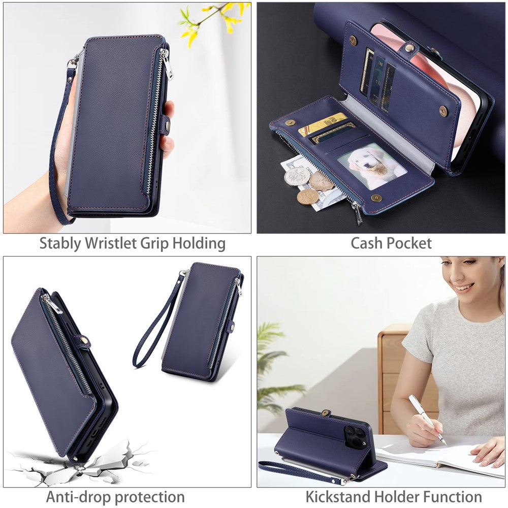 For iPhone 17 Pro Max Case TPU + PU Leather Wallet Phone Cover with Wrist Strap - Blue