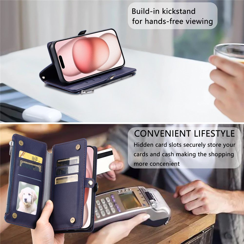 For iPhone 17 Pro Max Case TPU + PU Leather Wallet Phone Cover with Wrist Strap - Blue