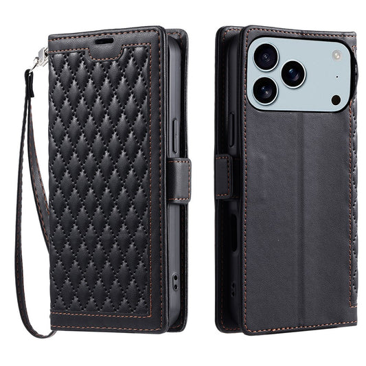 For iPhone 17 Pro Max Leather Case Rhombus Texture Wallet Stand Phone Cover with Wrist Strap - Black