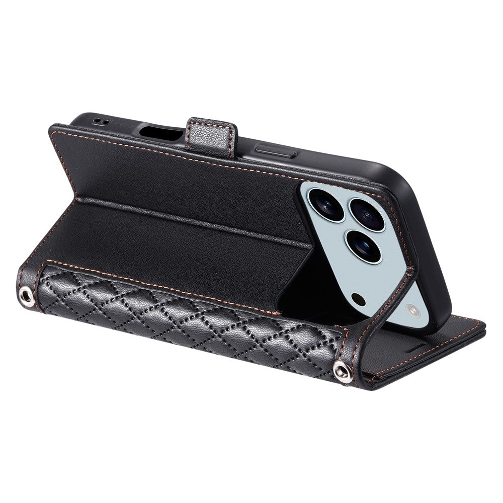 For iPhone 17 Pro Max Leather Case Rhombus Texture Wallet Stand Phone Cover with Wrist Strap - Black