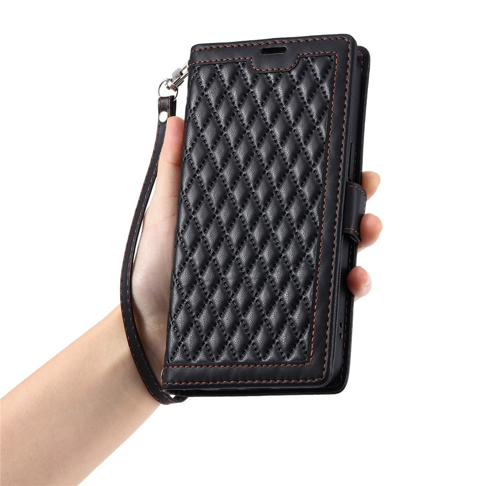 For iPhone 17 Pro Max Leather Case Rhombus Texture Wallet Stand Phone Cover with Wrist Strap - Black
