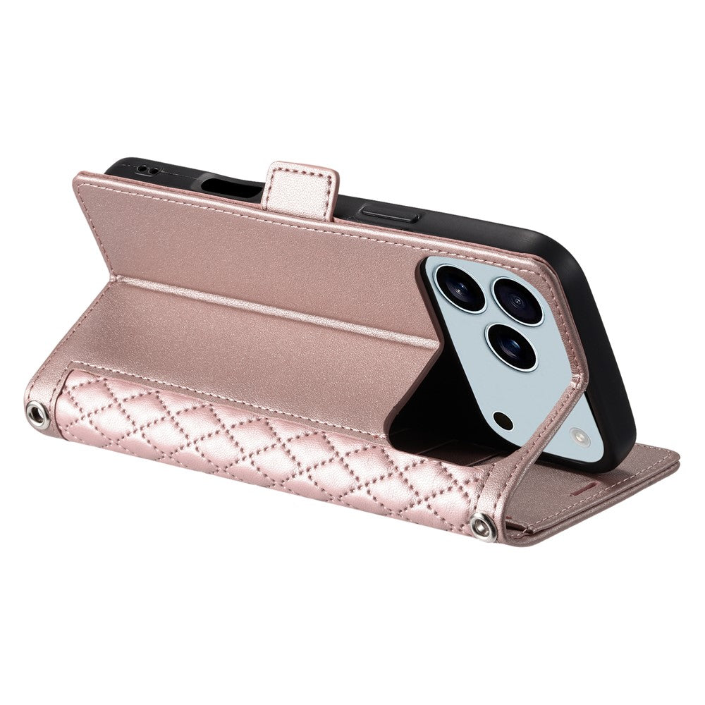 For iPhone 17 Pro Max Leather Case Rhombus Texture Wallet Stand Phone Cover with Wrist Strap - Rose Gold