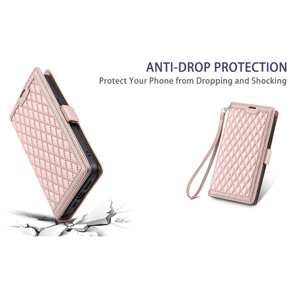For iPhone 17 Pro Max Leather Case Rhombus Texture Wallet Stand Phone Cover with Wrist Strap - Rose Gold
