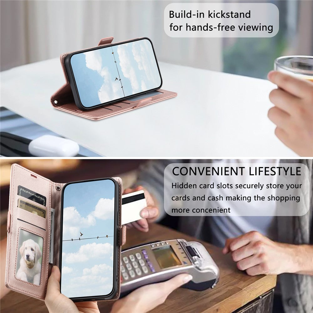 For iPhone 17 Pro Max Leather Case Rhombus Texture Wallet Stand Phone Cover with Wrist Strap - Rose Gold