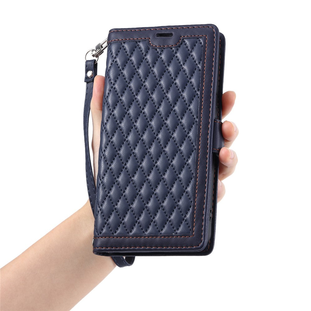 For iPhone 17 Pro Max Leather Case Rhombus Texture Wallet Stand Phone Cover with Wrist Strap - Blue