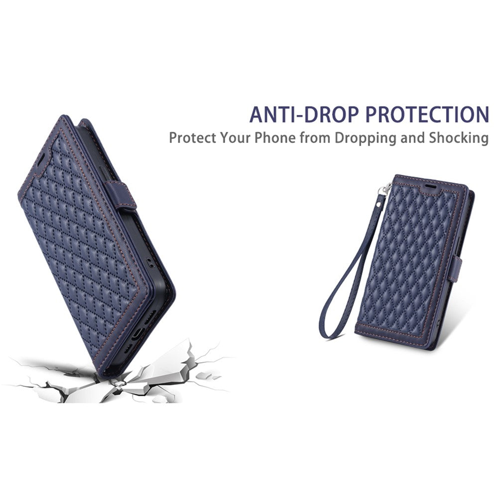 For iPhone 17 Pro Max Leather Case Rhombus Texture Wallet Stand Phone Cover with Wrist Strap - Blue