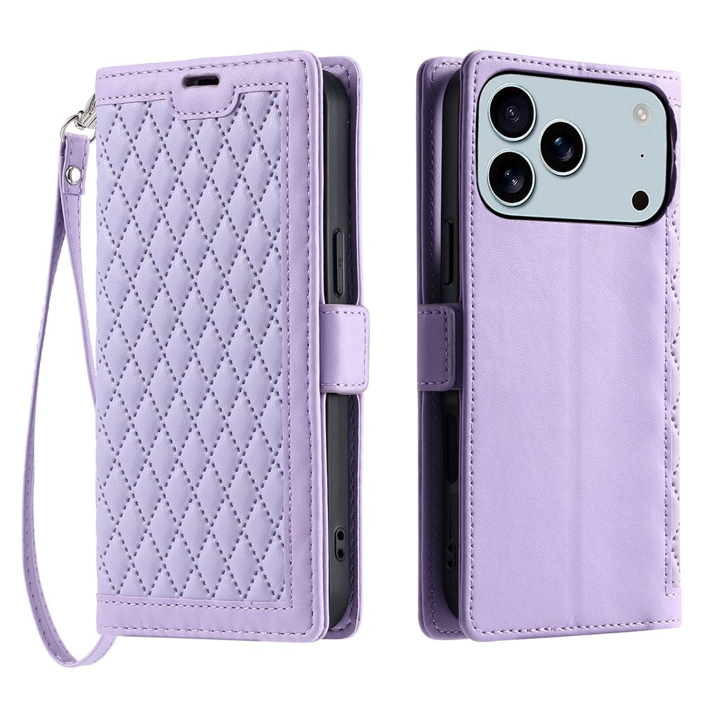 For iPhone 17 Pro Max Leather Case Rhombus Texture Wallet Stand Phone Cover with Wrist Strap - Purple