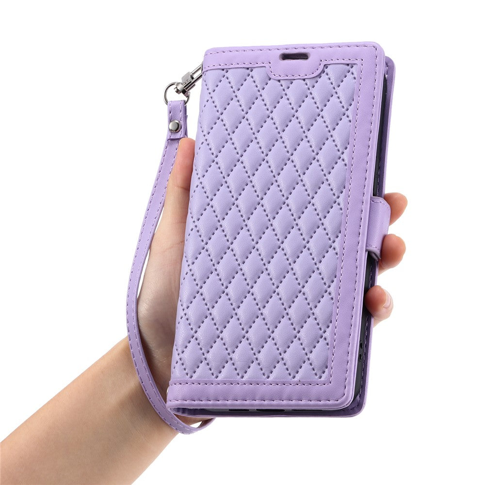 For iPhone 17 Pro Max Leather Case Rhombus Texture Wallet Stand Phone Cover with Wrist Strap - Purple