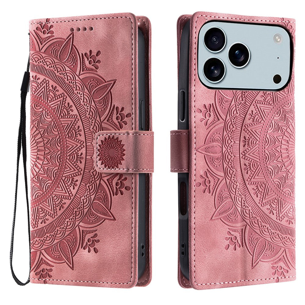 For iPhone 17 Pro Max Case Imprinted Totem Skin Feel Wallet Leather Phone Cover with Hand Strap - Rose Gold