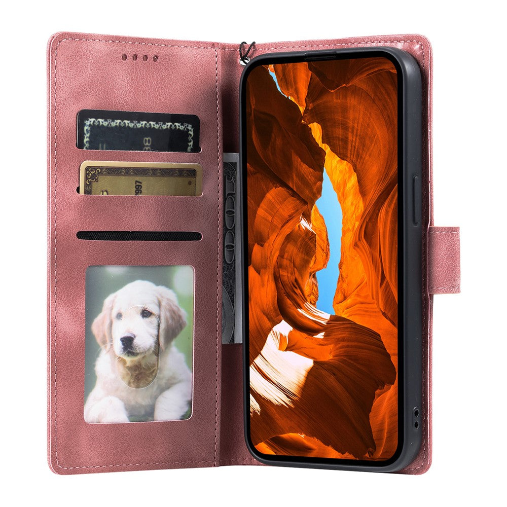 For iPhone 17 Pro Max Case Imprinted Totem Skin Feel Wallet Leather Phone Cover with Hand Strap - Rose Gold