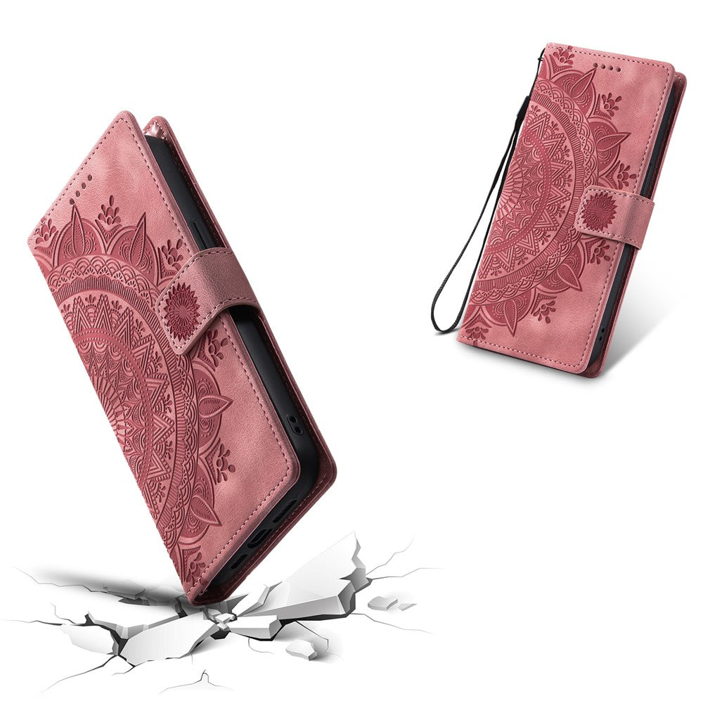 For iPhone 17 Pro Max Case Imprinted Totem Skin Feel Wallet Leather Phone Cover with Hand Strap - Rose Gold