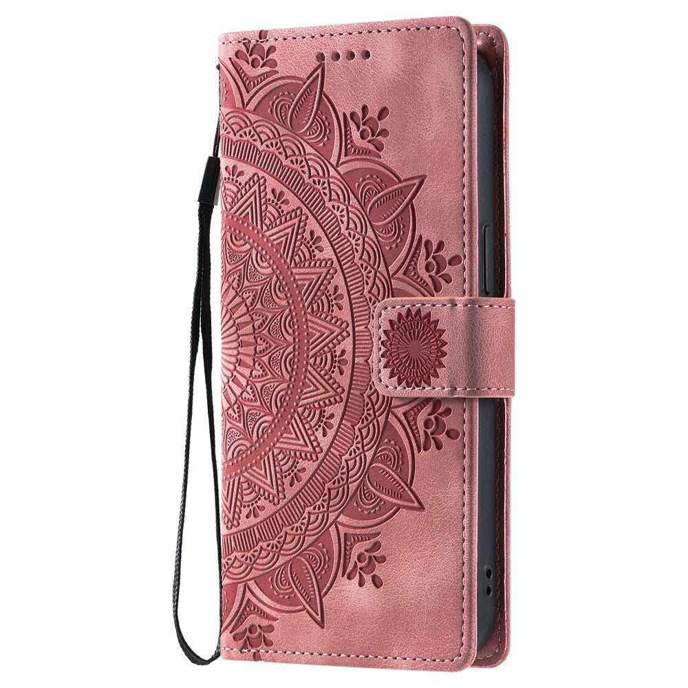 For iPhone 17 Pro Max Case Imprinted Totem Skin Feel Wallet Leather Phone Cover with Hand Strap - Rose Gold