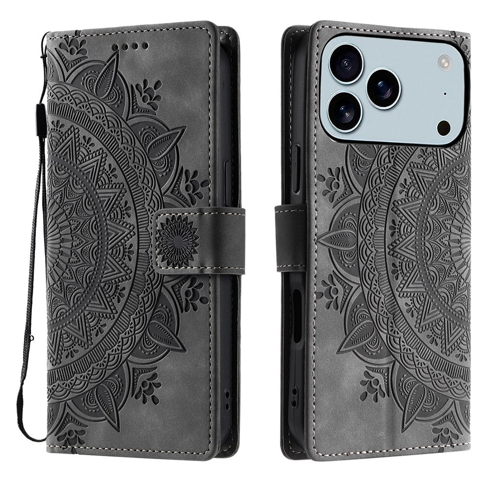 For iPhone 17 Pro Max Case Imprinted Totem Skin Feel Wallet Leather Phone Cover with Hand Strap - Grey