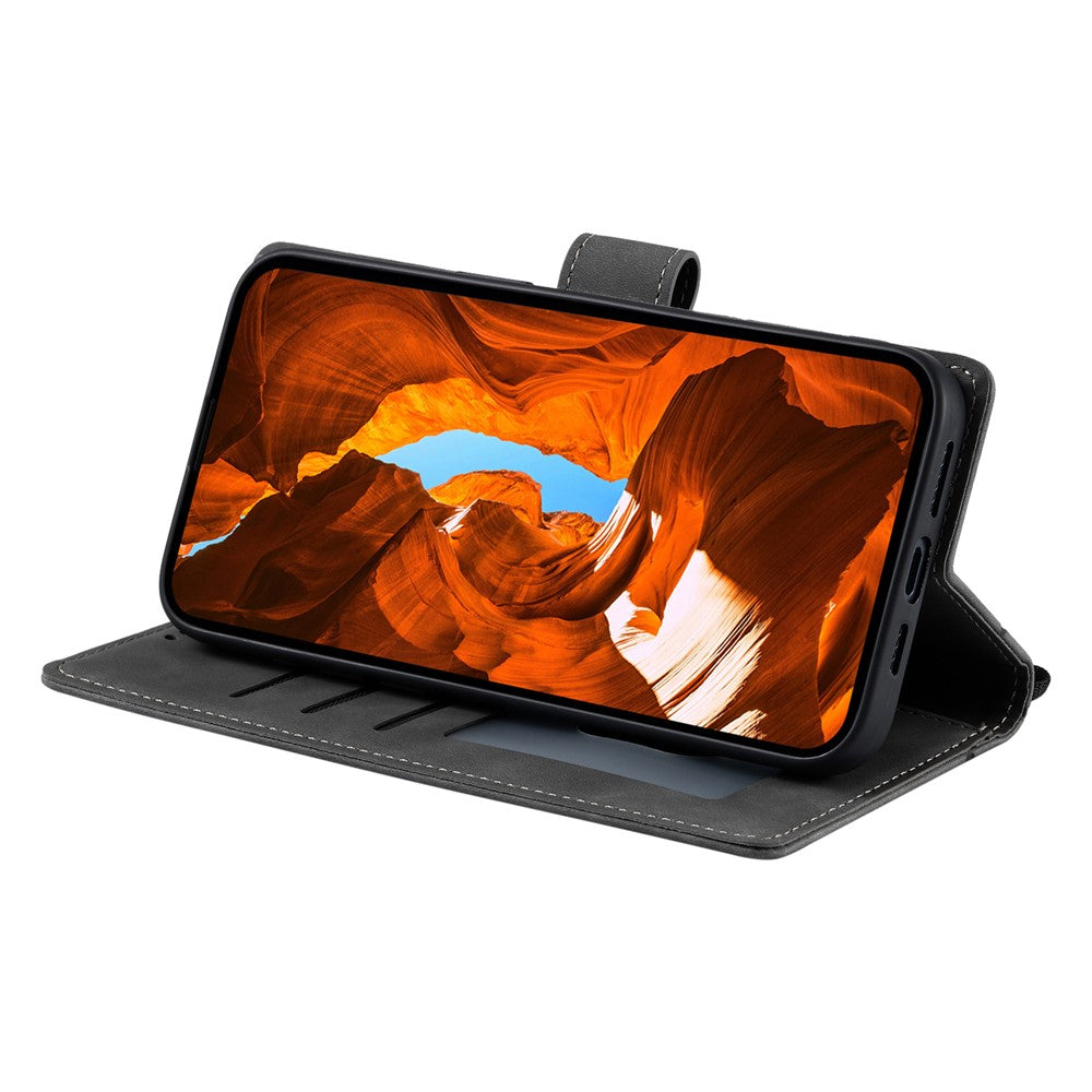 For iPhone 17 Pro Max Case Imprinted Totem Skin Feel Wallet Leather Phone Cover with Hand Strap - Grey