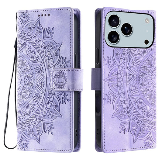 For iPhone 17 Pro Max Case Imprinted Totem Skin Feel Wallet Leather Phone Cover with Hand Strap - Purple