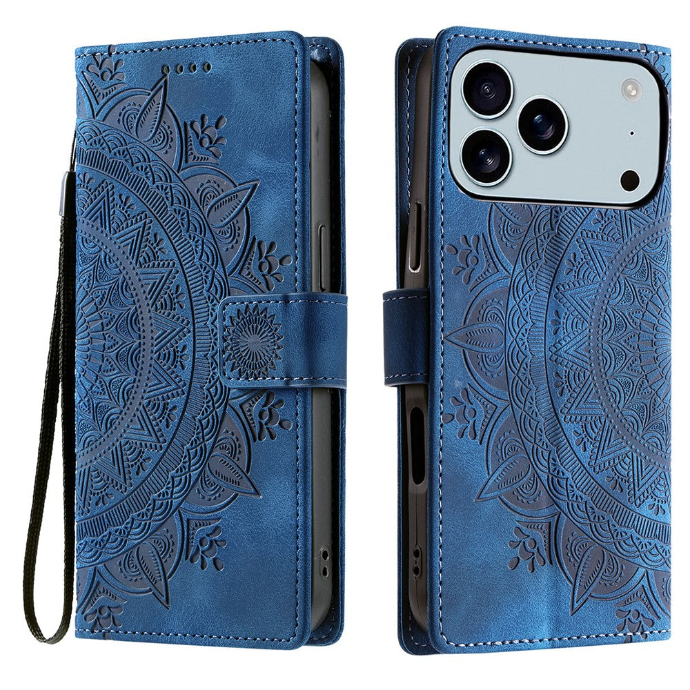 For iPhone 17 Pro Max Case Imprinted Totem Skin Feel Wallet Leather Phone Cover with Hand Strap - Blue