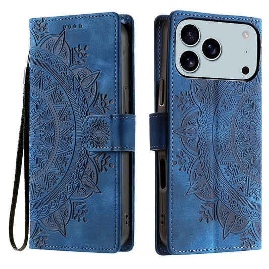 For iPhone 17 Pro Max Case Imprinted Totem Skin Feel Wallet Leather Phone Cover with Hand Strap - Blue