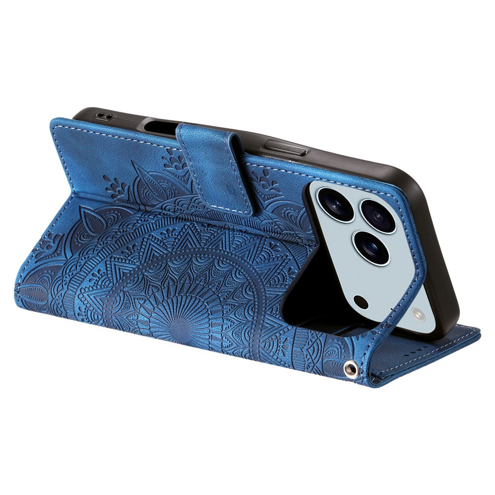 For iPhone 17 Pro Max Case Imprinted Totem Skin Feel Wallet Leather Phone Cover with Hand Strap - Blue
