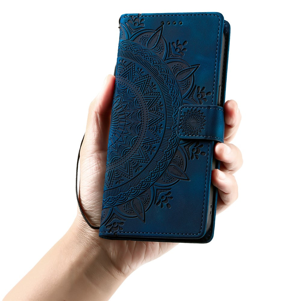For iPhone 17 Pro Max Case Imprinted Totem Skin Feel Wallet Leather Phone Cover with Hand Strap - Blue