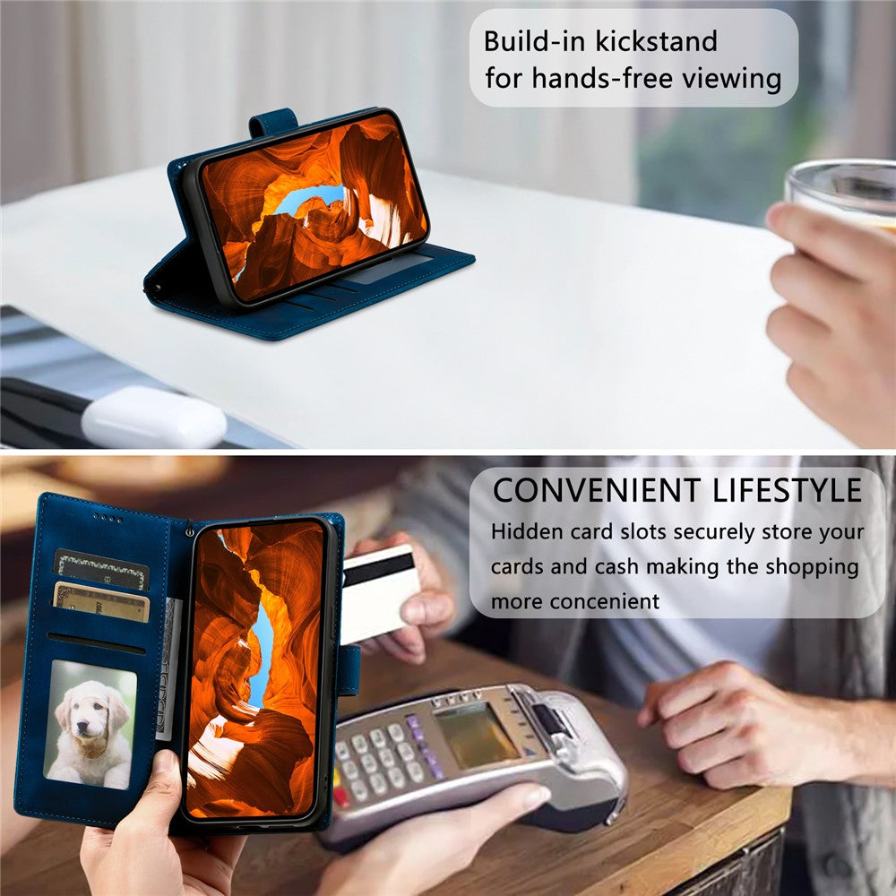 For iPhone 17 Pro Max Case Imprinted Totem Skin Feel Wallet Leather Phone Cover with Hand Strap - Blue