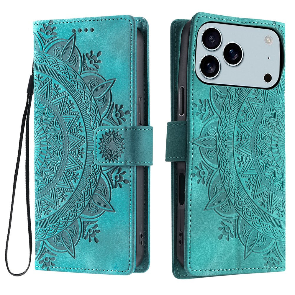 For iPhone 17 Pro Max Case Imprinted Totem Skin Feel Wallet Leather Phone Cover with Hand Strap - Mint Green