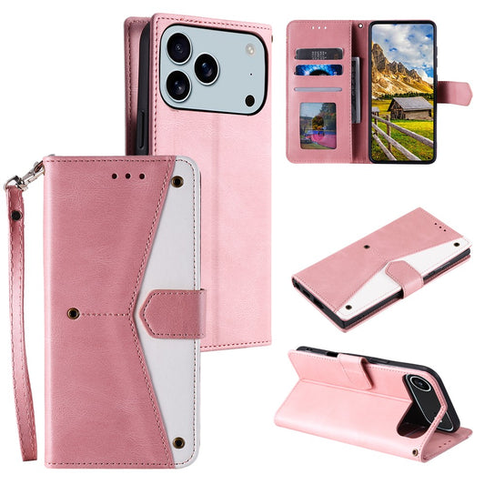 For iPhone 17 Pro Max Leather Case Splicing Stitching Wallet Phone Cover with Wrist Strap - Rose Gold