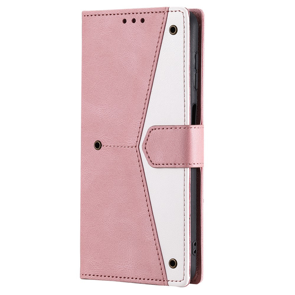For iPhone 17 Pro Max Leather Case Splicing Stitching Wallet Phone Cover with Wrist Strap - Rose Gold