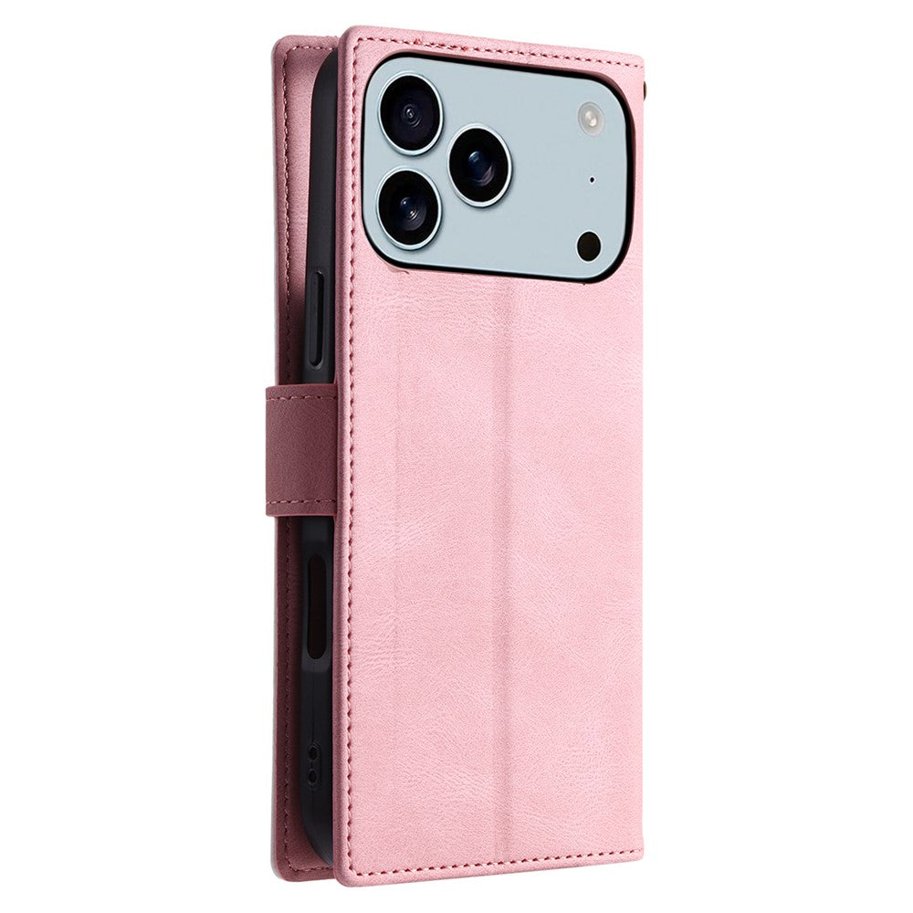 For iPhone 17 Pro Max Leather Case Splicing Stitching Wallet Phone Cover with Wrist Strap - Rose Gold