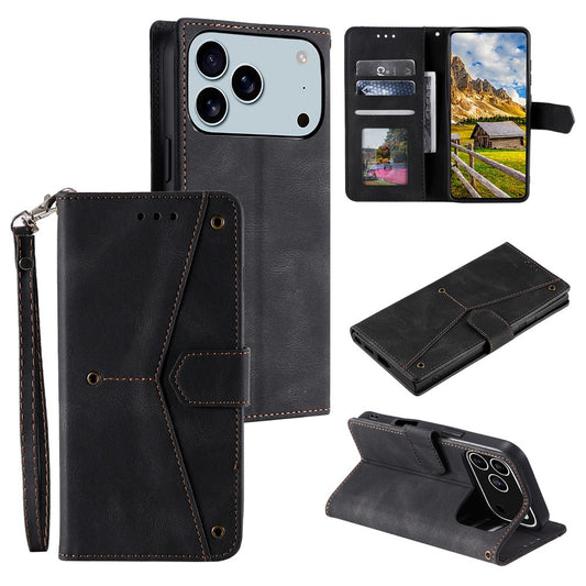 For iPhone 17 Pro Max Leather Case Splicing Stitching Wallet Phone Cover with Wrist Strap - Black