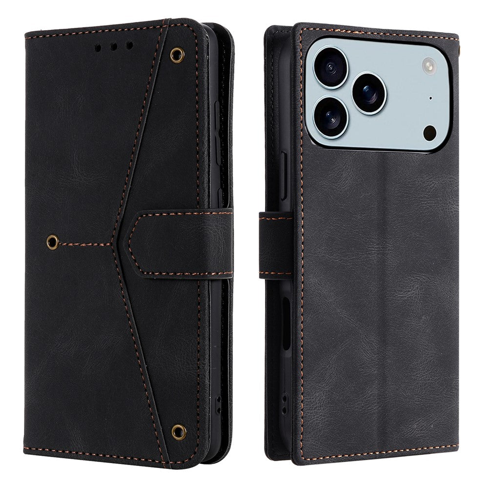 For iPhone 17 Pro Max Leather Case Splicing Stitching Wallet Phone Cover with Wrist Strap - Black