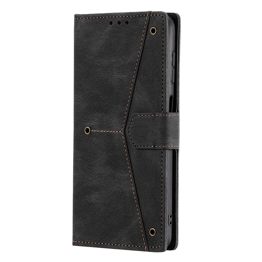 For iPhone 17 Pro Max Leather Case Splicing Stitching Wallet Phone Cover with Wrist Strap - Black