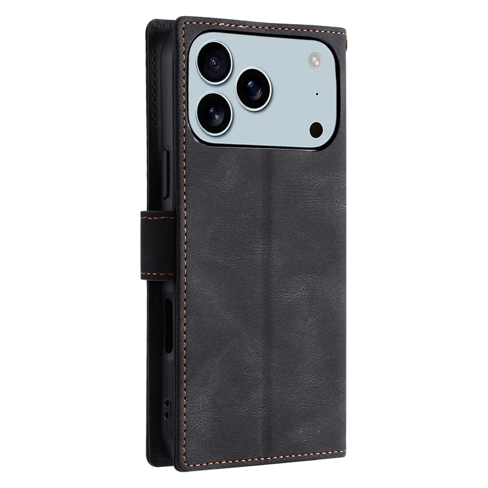 For iPhone 17 Pro Max Leather Case Splicing Stitching Wallet Phone Cover with Wrist Strap - Black