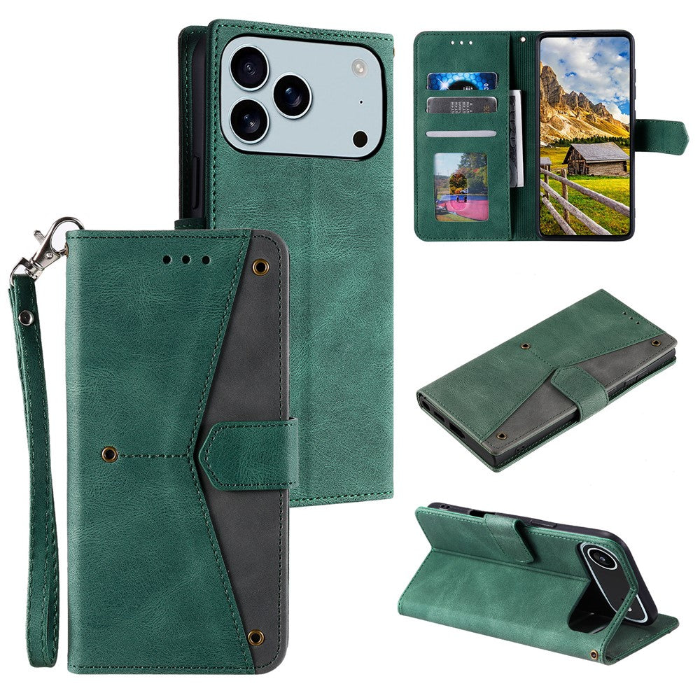 For iPhone 17 Pro Max Leather Case Splicing Stitching Wallet Phone Cover with Wrist Strap - Green