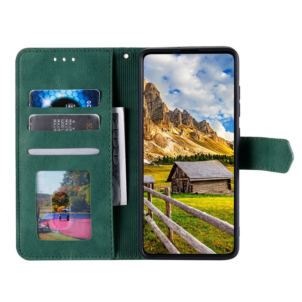 For iPhone 17 Pro Max Leather Case Splicing Stitching Wallet Phone Cover with Wrist Strap - Green